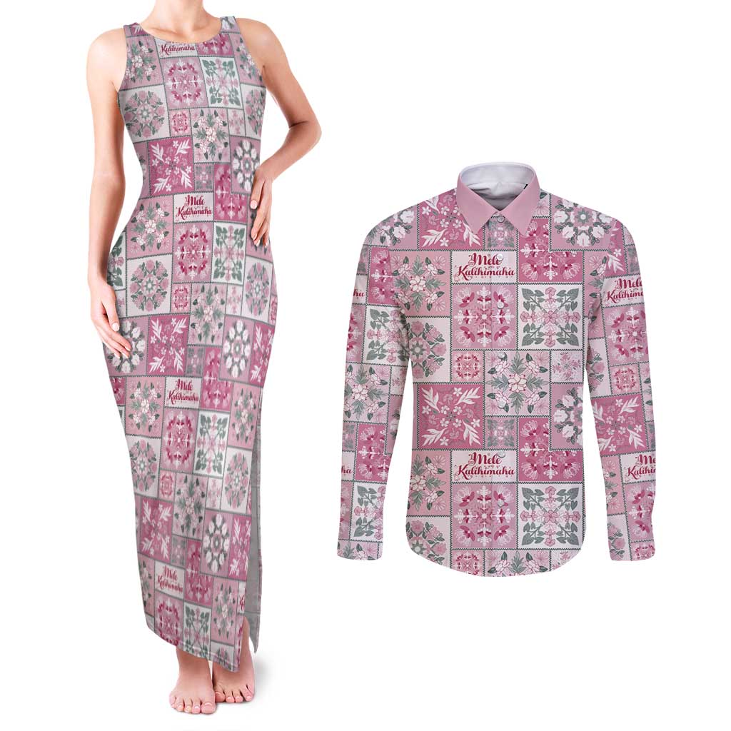 Mele Kalikimaka Hawaii Christmas Couples Matching Tank Maxi Dress and Long Sleeve Button Shirt Akala Seamless Floral Motif - Polynesian Pride