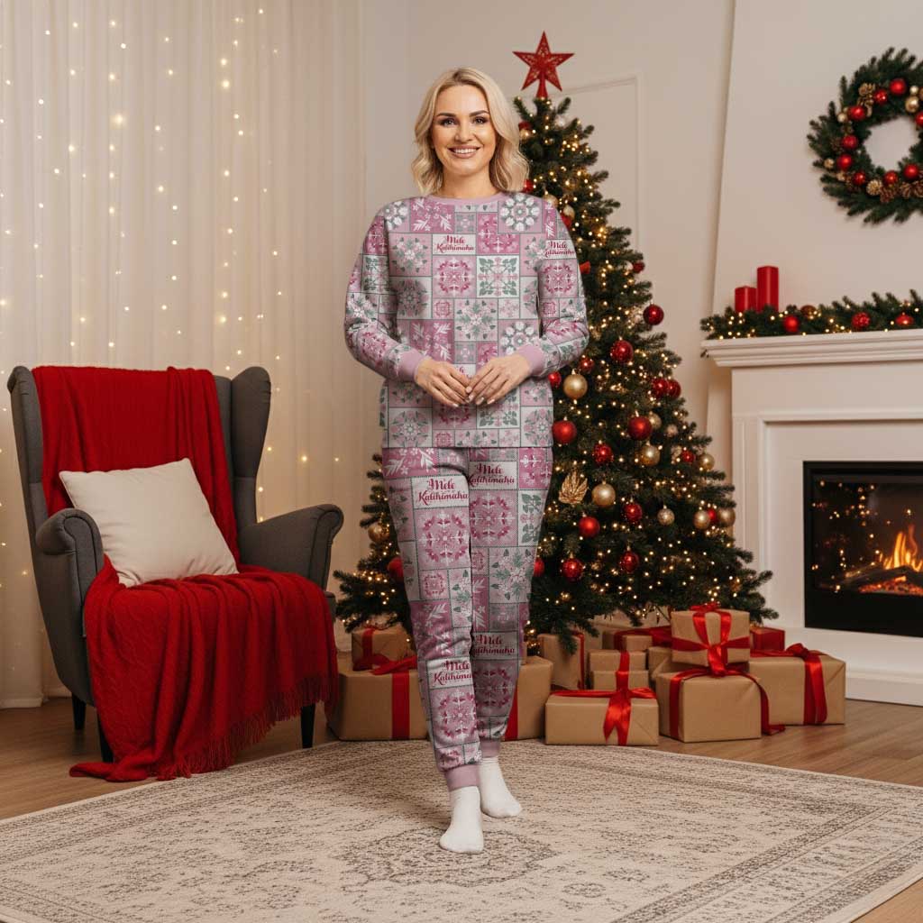 Mele Kalikimaka Hawaii Christmas Pajama Set Akala Seamless Floral Motif - Polynesian Pride