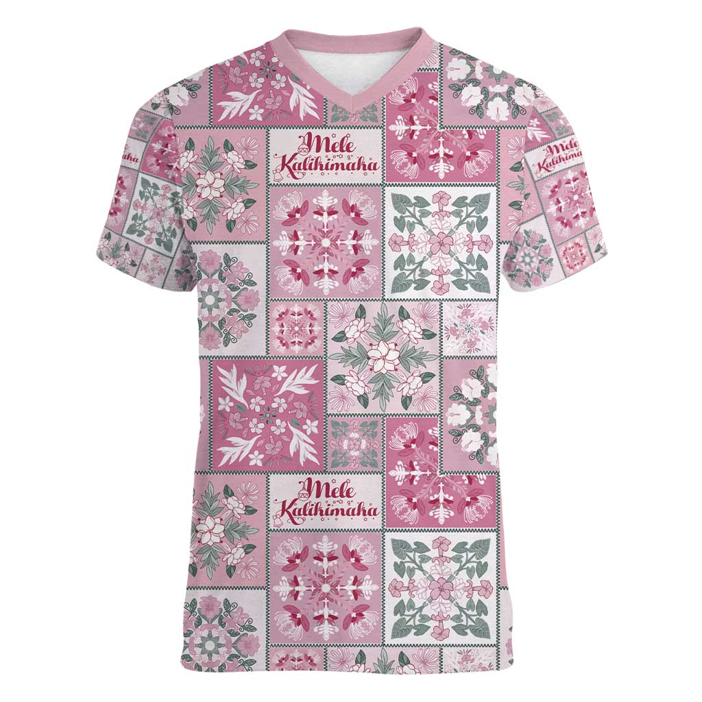 Mele Kalikimaka Hawaii Christmas Women V-Neck T-Shirt Akala Seamless Floral Motif - Polynesian Pride