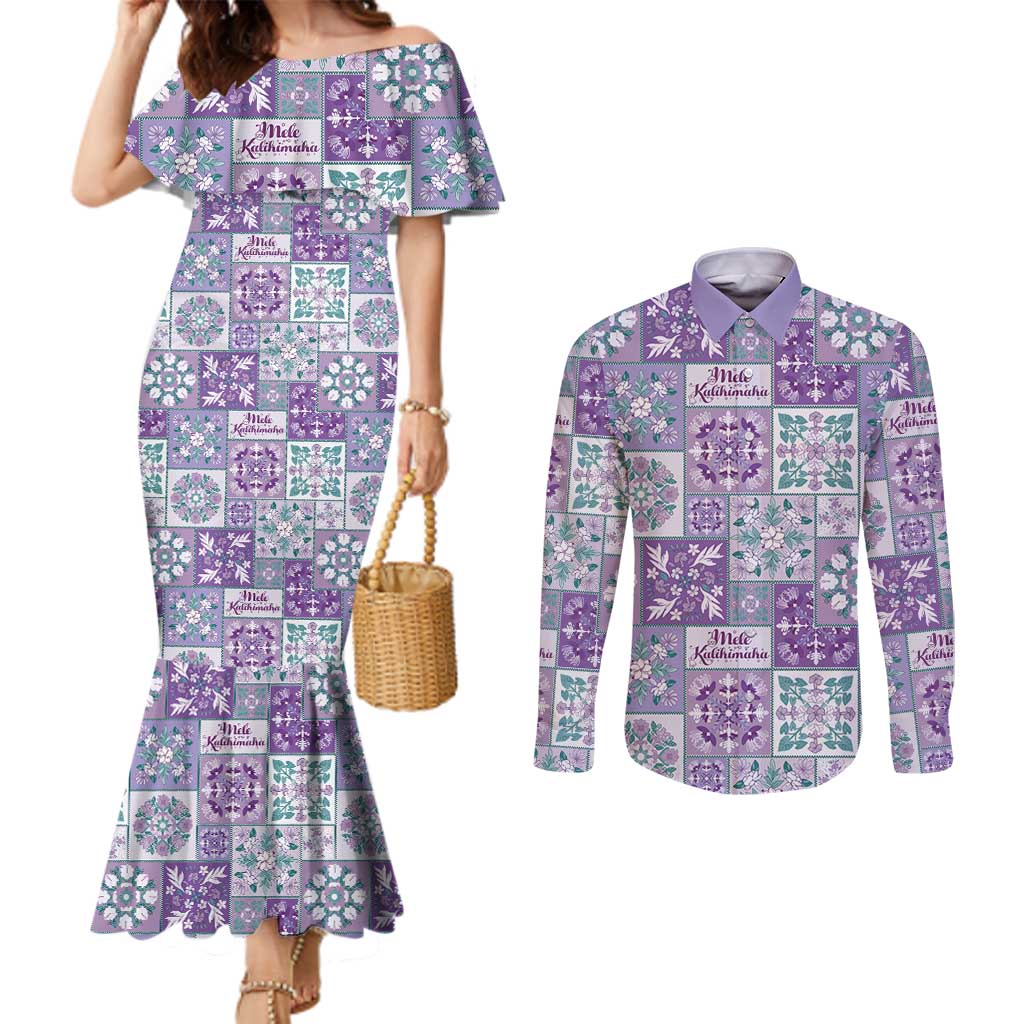 Mele Kalikimaka Hawaii Christmas Couples Matching Mermaid Dress and Long Sleeve Button Shirt Poni Seamless Floral Motif - Polynesian Pride