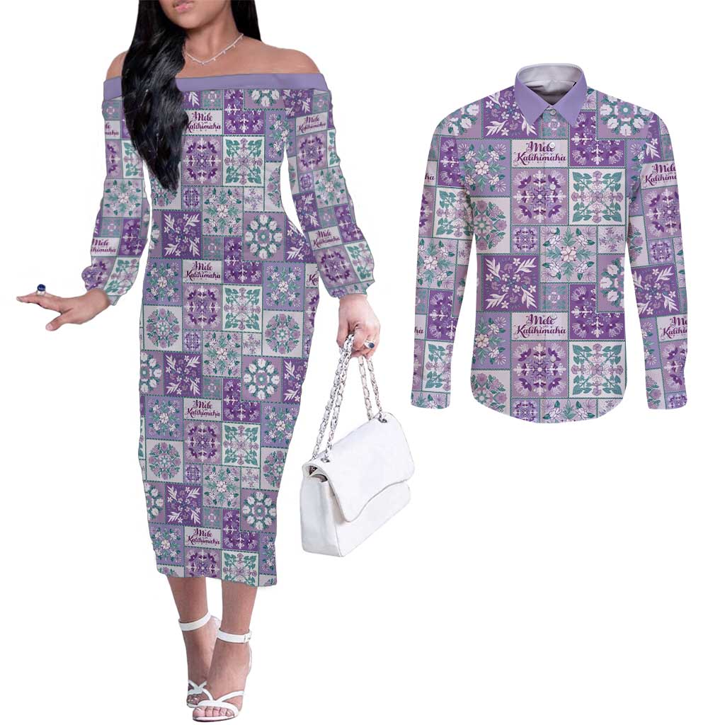 Mele Kalikimaka Hawaii Christmas Couples Matching Off The Shoulder Long Sleeve Dress and Long Sleeve Button Shirt Poni Seamless Floral Motif - Polynesian Pride