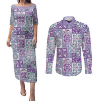 Mele Kalikimaka Hawaii Christmas Couples Matching Puletasi and Long Sleeve Button Shirt Poni Seamless Floral Motif - Polynesian Pride