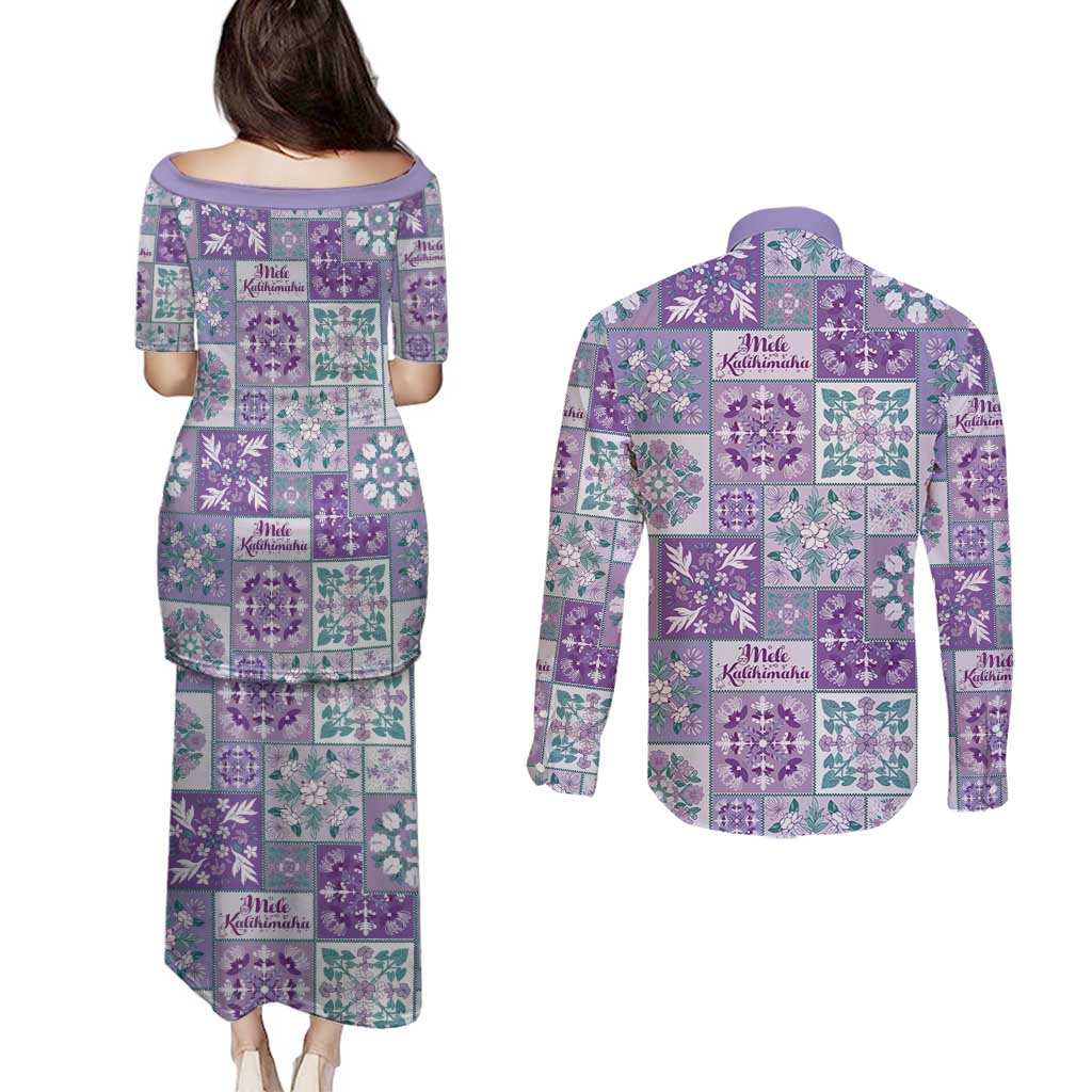 Mele Kalikimaka Hawaii Christmas Couples Matching Puletasi and Long Sleeve Button Shirt Poni Seamless Floral Motif - Polynesian Pride