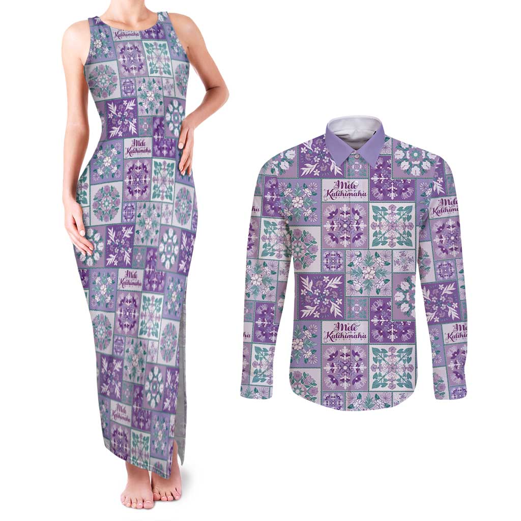 Mele Kalikimaka Hawaii Christmas Couples Matching Tank Maxi Dress and Long Sleeve Button Shirt Poni Seamless Floral Motif - Polynesian Pride