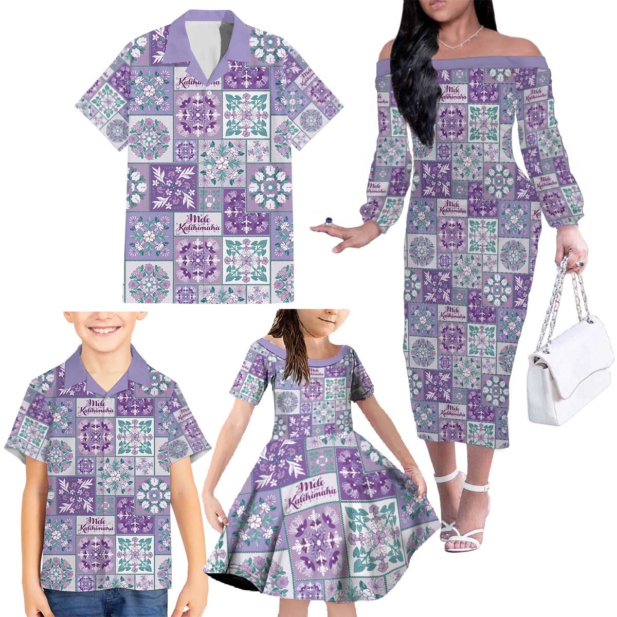 Mele Kalikimaka Hawaii Christmas Family Matching Off The Shoulder Long Sleeve Dress and Hawaiian Shirt Poni Seamless Floral Motif - Polynesian Pride