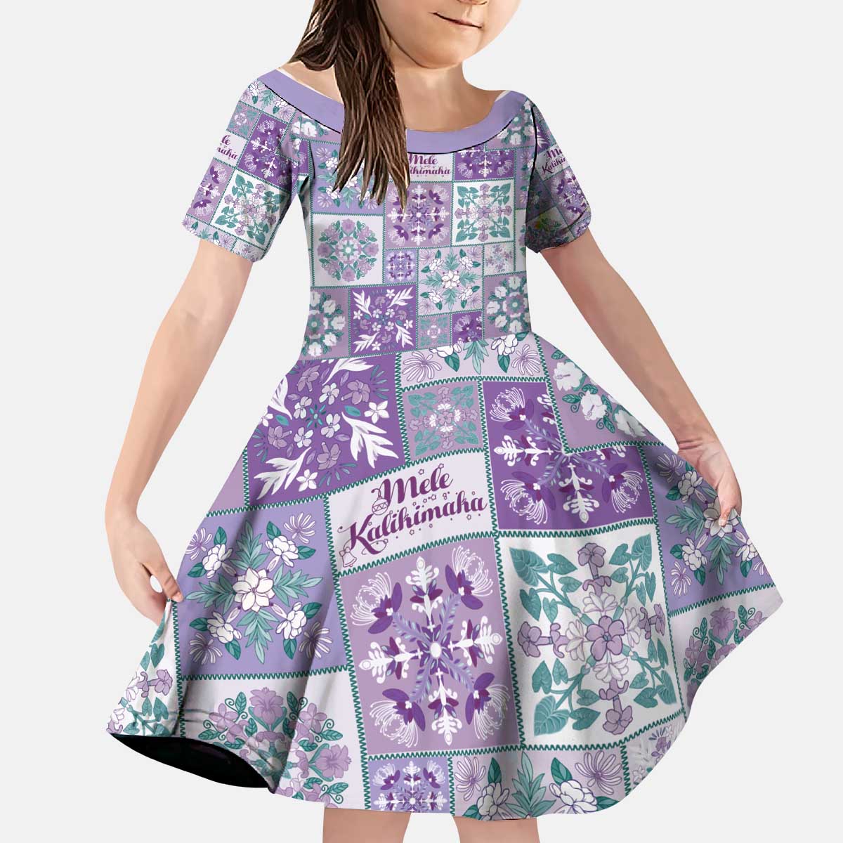Mele Kalikimaka Hawaii Christmas Kid Short Sleeve Dress Poni Seamless Floral Motif - Polynesian Pride