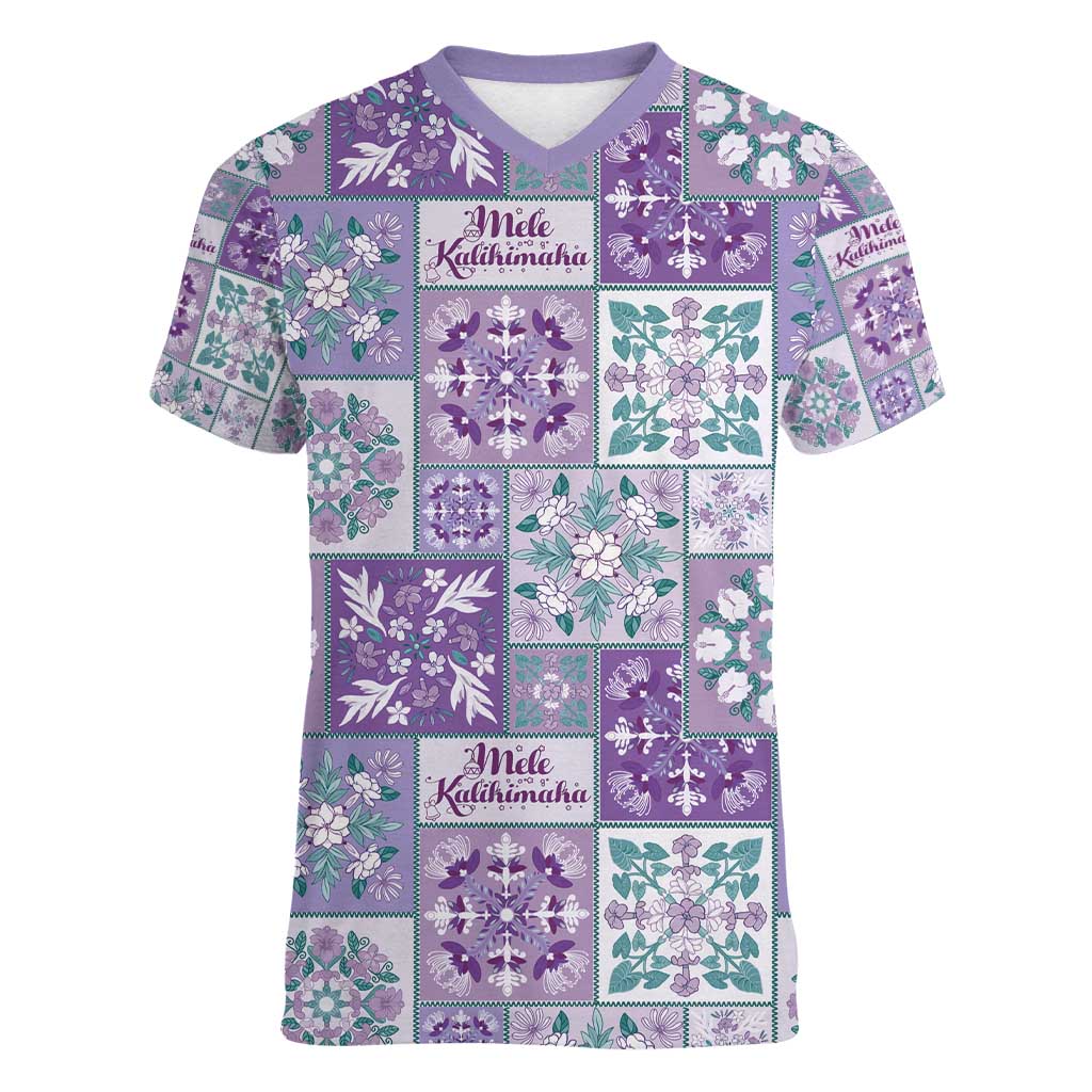 Mele Kalikimaka Hawaii Christmas Women V-Neck T-Shirt Poni Seamless Floral Motif - Polynesian Pride