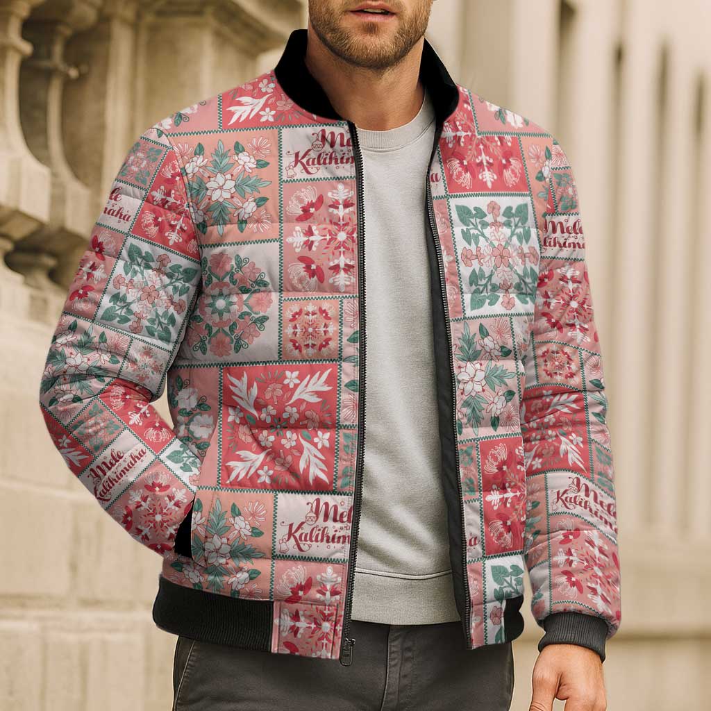 Mele Kalikimaka Hawaii Christmas Bomber Puffer Jacket Ulaula Seamless Floral Motif - Polynesian Pride