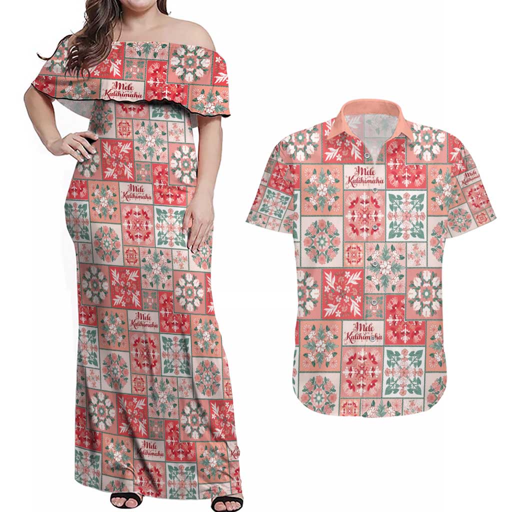 Mele Kalikimaka Hawaii Christmas Couples Matching Off Shoulder Maxi Dress and Hawaiian Shirt Ulaula Seamless Floral Motif - Polynesian Pride