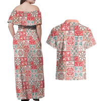 Mele Kalikimaka Hawaii Christmas Couples Matching Off Shoulder Maxi Dress and Hawaiian Shirt Ulaula Seamless Floral Motif - Polynesian Pride