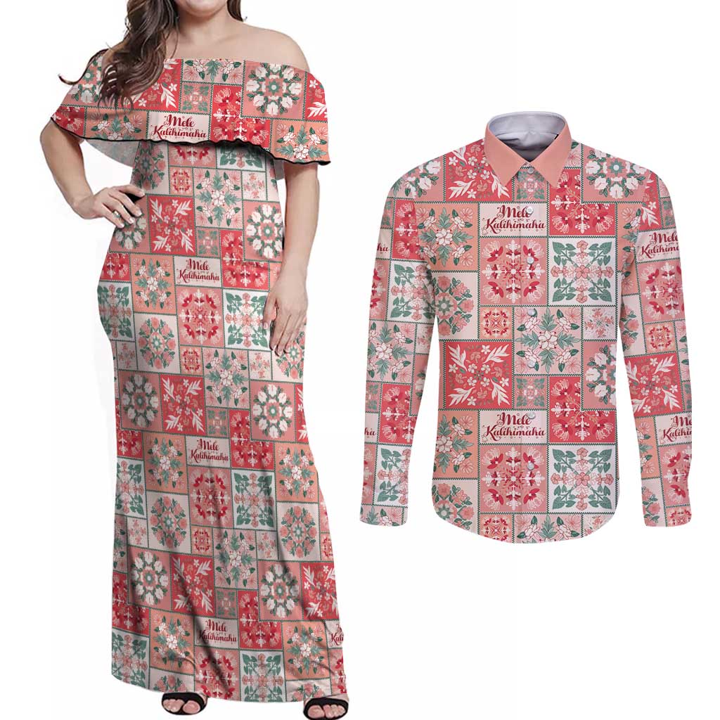 Mele Kalikimaka Hawaii Christmas Couples Matching Off Shoulder Maxi Dress and Long Sleeve Button Shirt Ulaula Seamless Floral Motif - Polynesian Pride