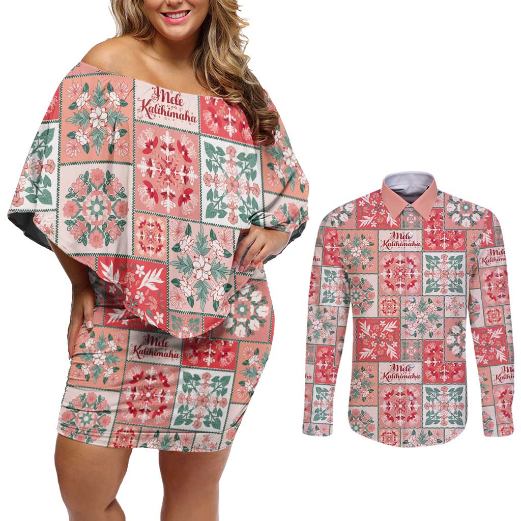 Mele Kalikimaka Hawaii Christmas Couples Matching Off Shoulder Short Dress and Long Sleeve Button Shirt Ulaula Seamless Floral Motif - Polynesian Pride