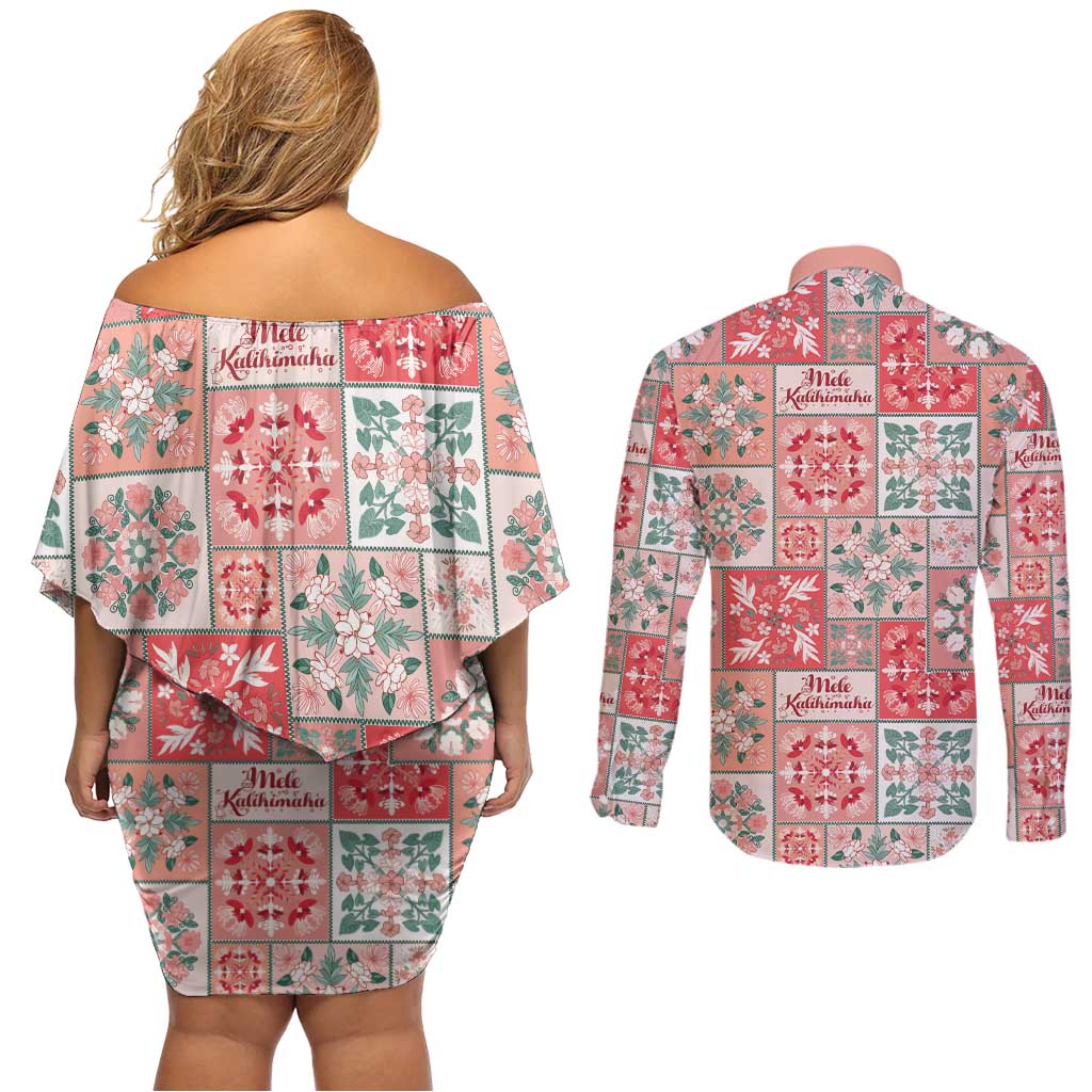 Mele Kalikimaka Hawaii Christmas Couples Matching Off Shoulder Short Dress and Long Sleeve Button Shirt Ulaula Seamless Floral Motif - Polynesian Pride