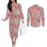 Mele Kalikimaka Hawaii Christmas Couples Matching Off The Shoulder Long Sleeve Dress and Long Sleeve Button Shirt Ulaula Seamless Floral Motif - Polynesian Pride