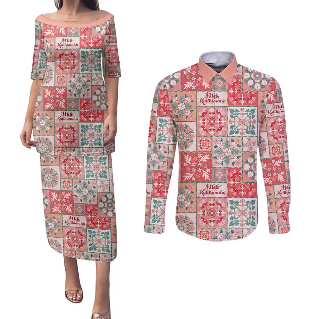 Mele Kalikimaka Hawaii Christmas Couples Matching Puletasi and Long Sleeve Button Shirt Ulaula Seamless Floral Motif - Polynesian Pride