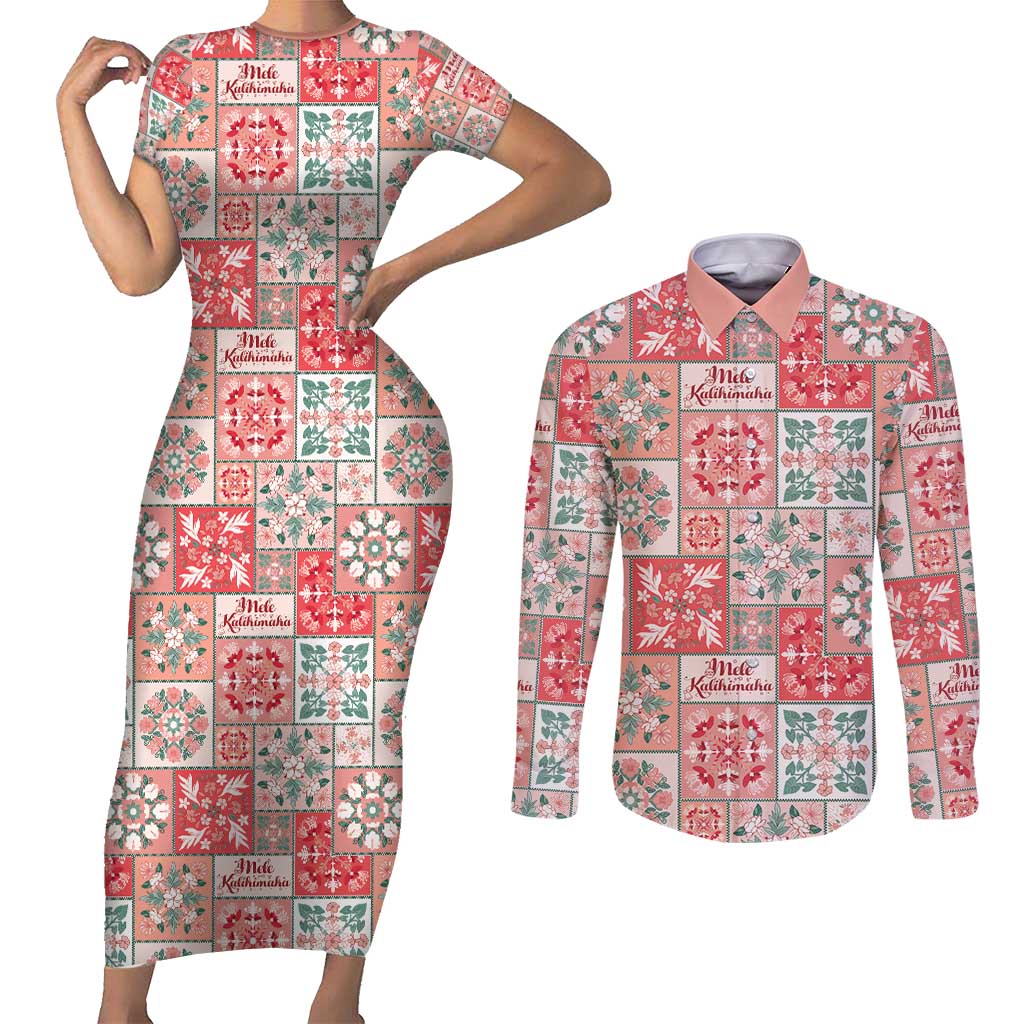 Mele Kalikimaka Hawaii Christmas Couples Matching Short Sleeve Bodycon Dress and Long Sleeve Button Shirt Ulaula Seamless Floral Motif - Polynesian Pride