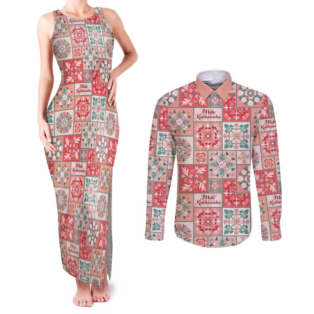 Mele Kalikimaka Hawaii Christmas Couples Matching Tank Maxi Dress and Long Sleeve Button Shirt Ulaula Seamless Floral Motif - Polynesian Pride