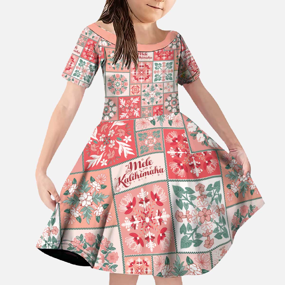 Mele Kalikimaka Hawaii Christmas Family Matching Off The Shoulder Long Sleeve Dress and Hawaiian Shirt Ulaula Seamless Floral Motif - Polynesian Pride