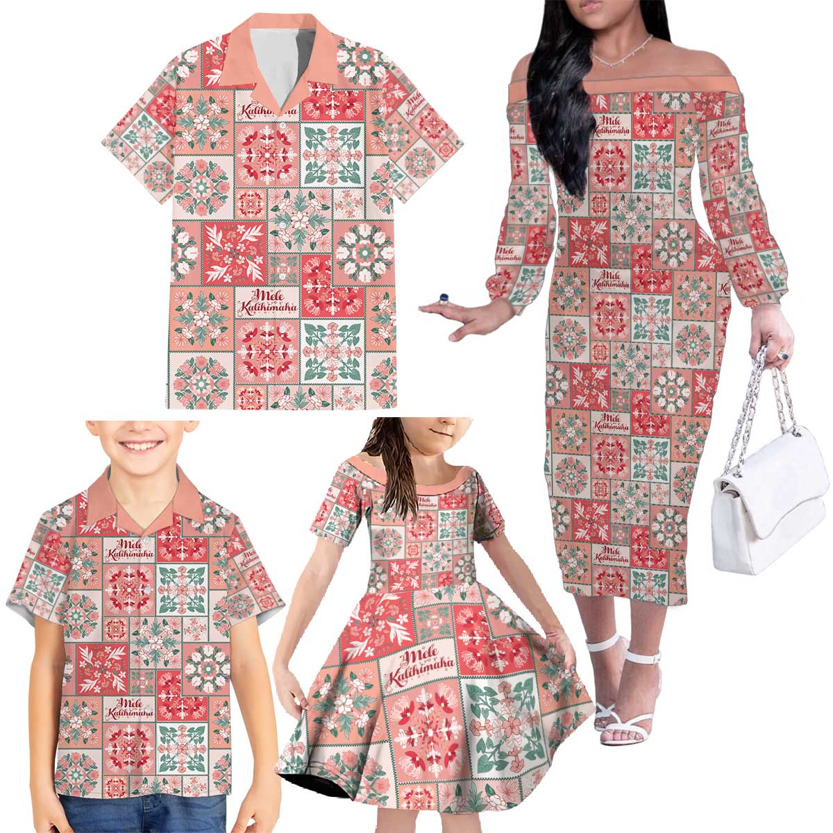 Mele Kalikimaka Hawaii Christmas Family Matching Off The Shoulder Long Sleeve Dress and Hawaiian Shirt Ulaula Seamless Floral Motif - Polynesian Pride