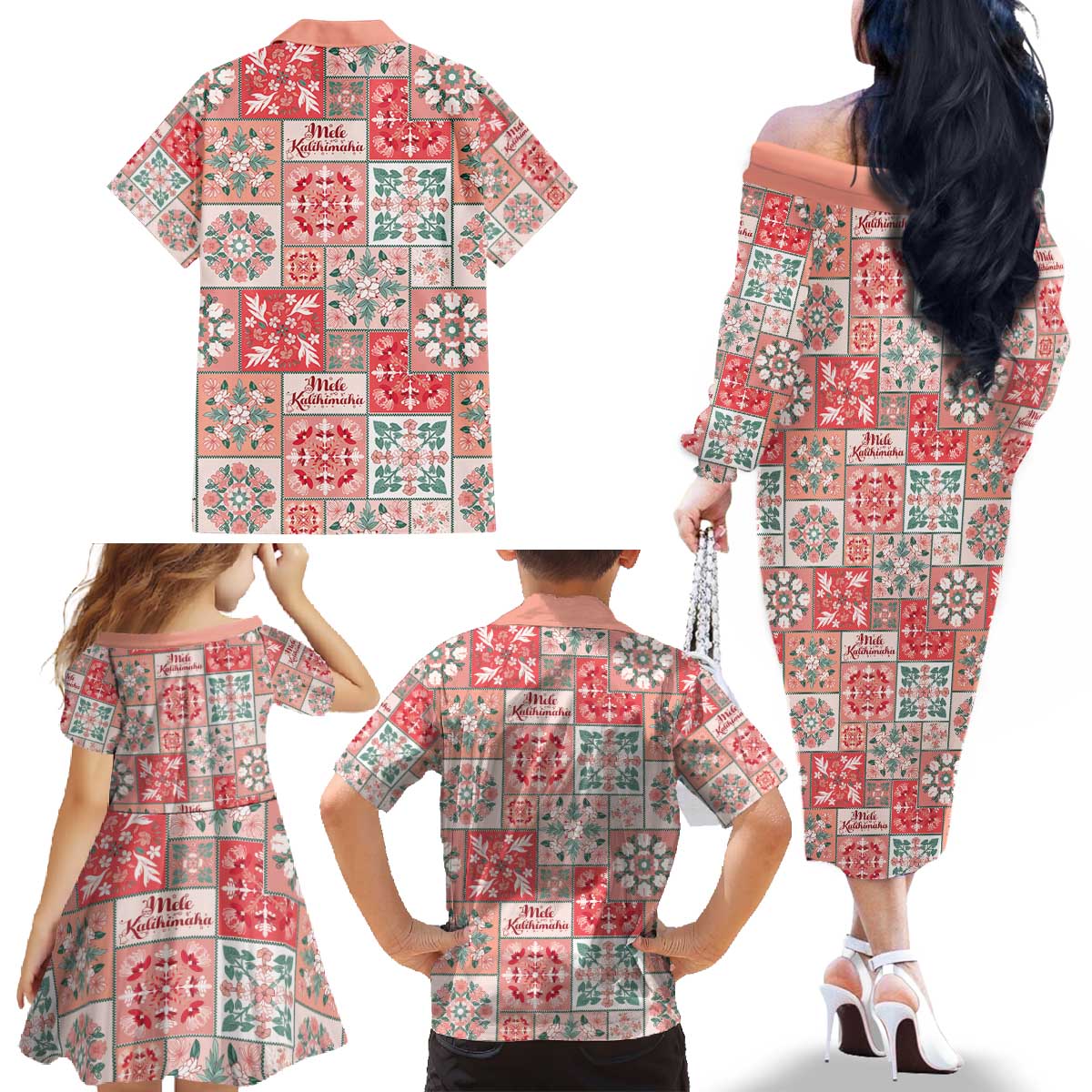 Mele Kalikimaka Hawaii Christmas Family Matching Off The Shoulder Long Sleeve Dress and Hawaiian Shirt Ulaula Seamless Floral Motif - Polynesian Pride