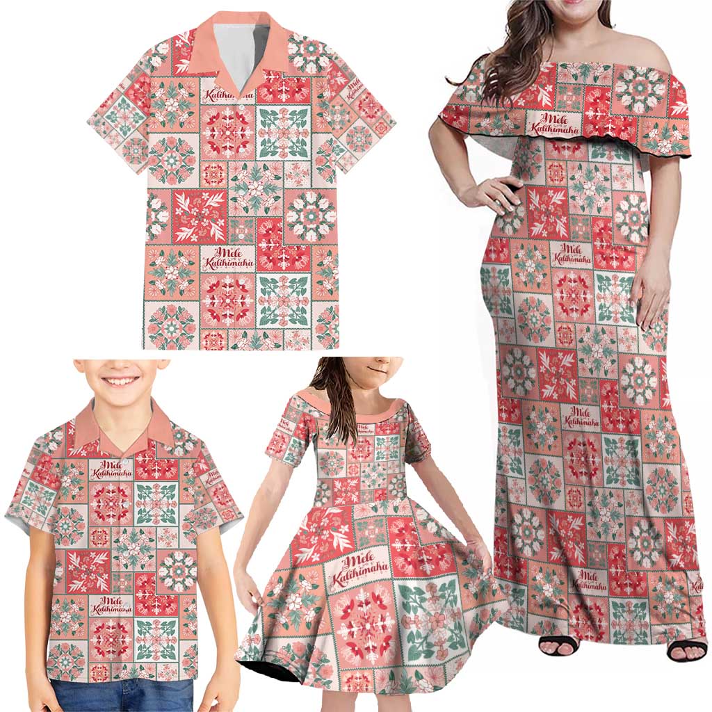 Mele Kalikimaka Hawaii Christmas Family Matching Off Shoulder Maxi Dress and Hawaiian Shirt Ulaula Seamless Floral Motif - Polynesian Pride