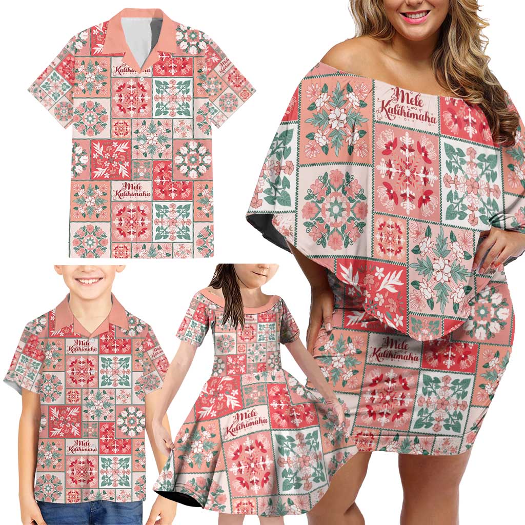 Mele Kalikimaka Hawaii Christmas Family Matching Off Shoulder Short Dress and Hawaiian Shirt Ulaula Seamless Floral Motif - Polynesian Pride
