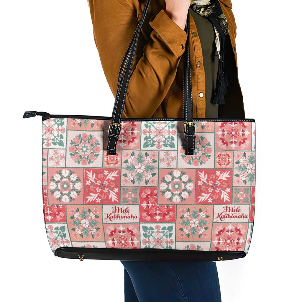 Mele Kalikimaka Hawaii Christmas Leather Tote Bag Ulaula Seamless Floral Motif - Polynesian Pride