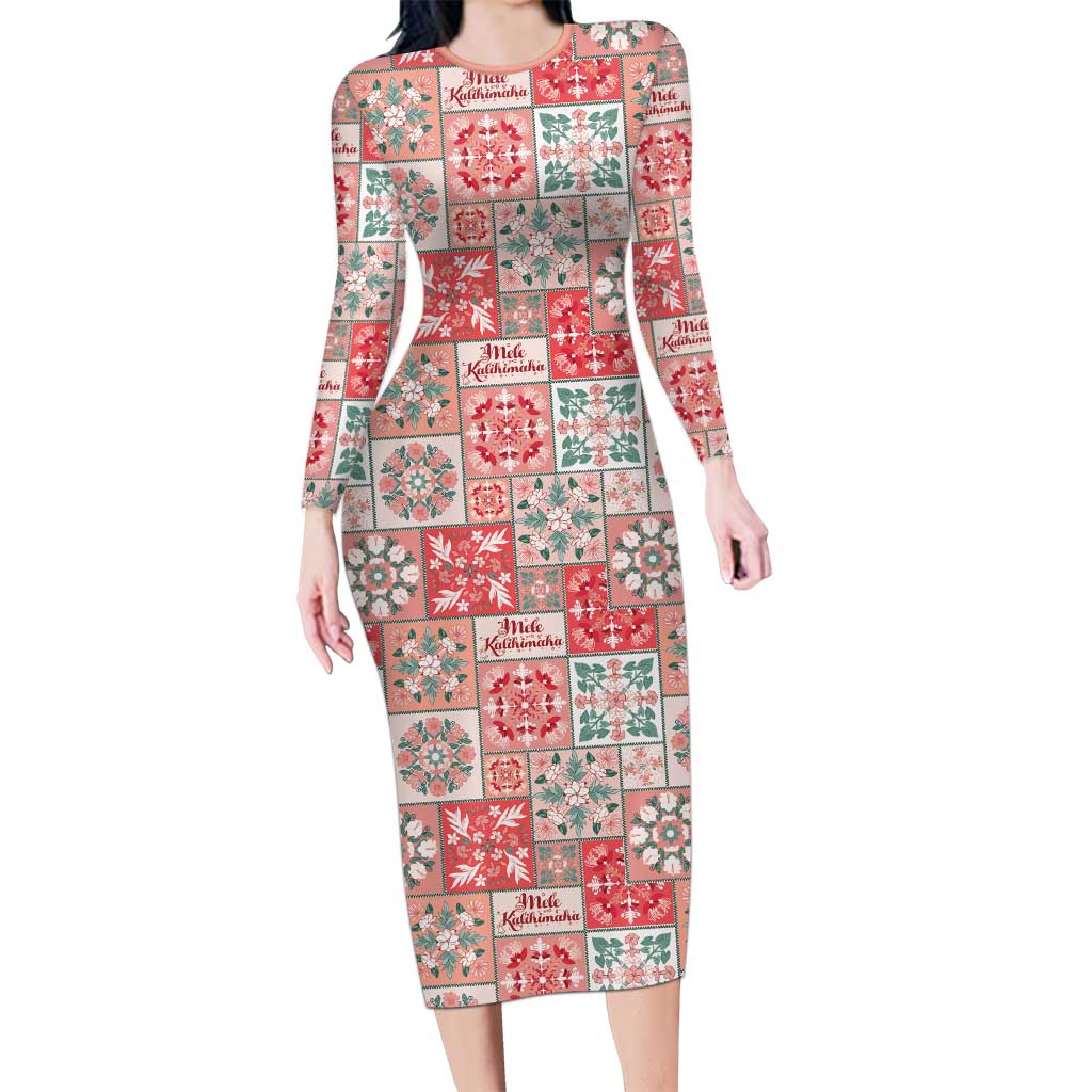 Mele Kalikimaka Hawaii Christmas Long Sleeve Bodycon Dress Ulaula Seamless Floral Motif - Polynesian Pride
