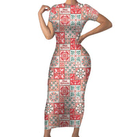 Mele Kalikimaka Hawaii Christmas Short Sleeve Bodycon Dress Ulaula Seamless Floral Motif - Polynesian Pride