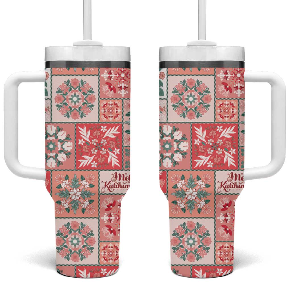 Mele Kalikimaka Hawaii Christmas Tumbler With Handle Ulaula Seamless Floral Motif - Polynesian Pride