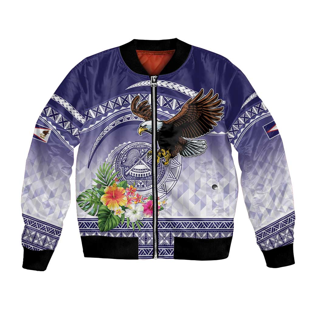 American Samoa Bald Eagle Bomber Jacket Polynesian Tropical Flowers LT9 Unisex Blue - Polynesian Pride