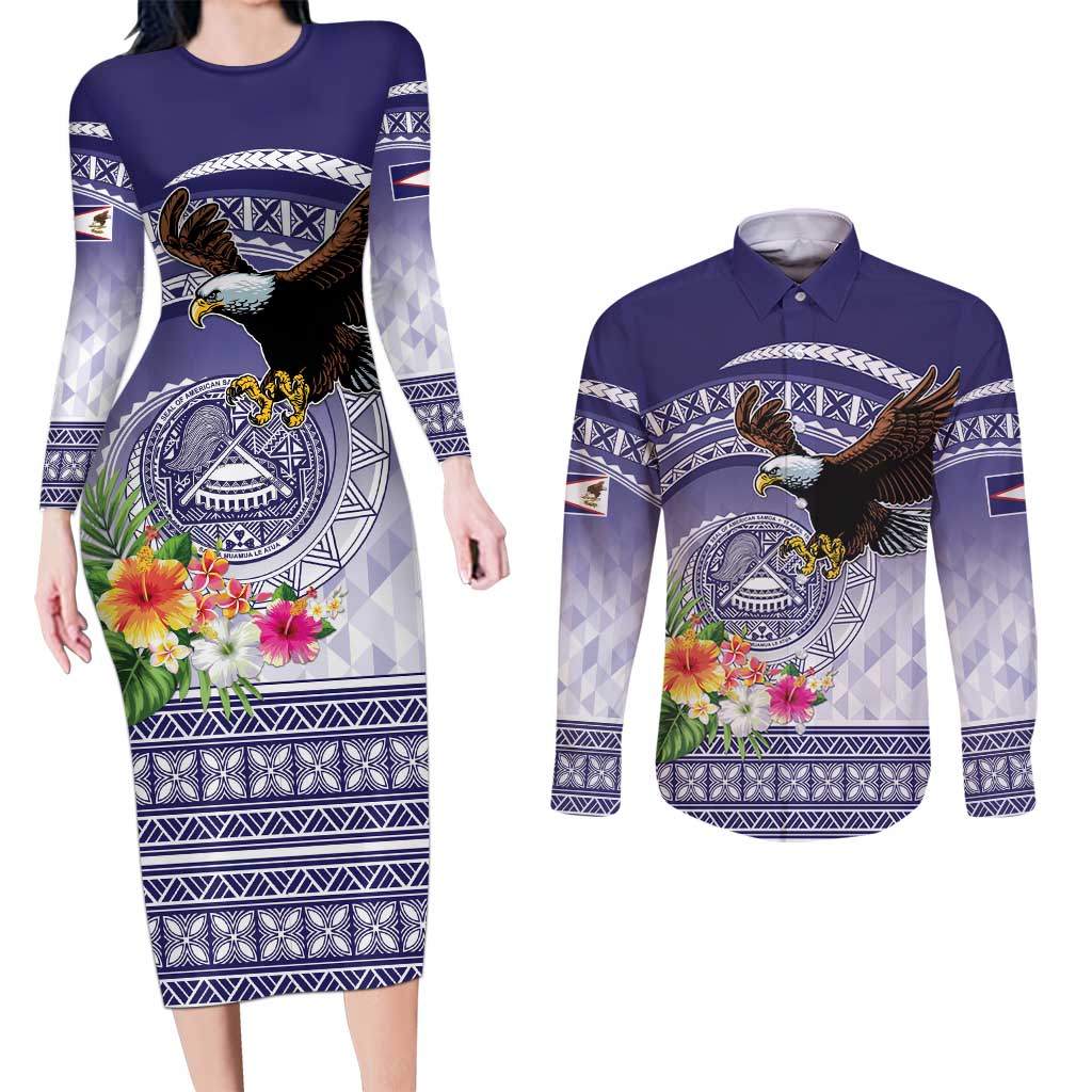 American Samoa Bald Eagle Couples Matching Long Sleeve Bodycon Dress and Long Sleeve Button Shirt Polynesian Tropical Flowers LT9 Blue - Polynesian Pride