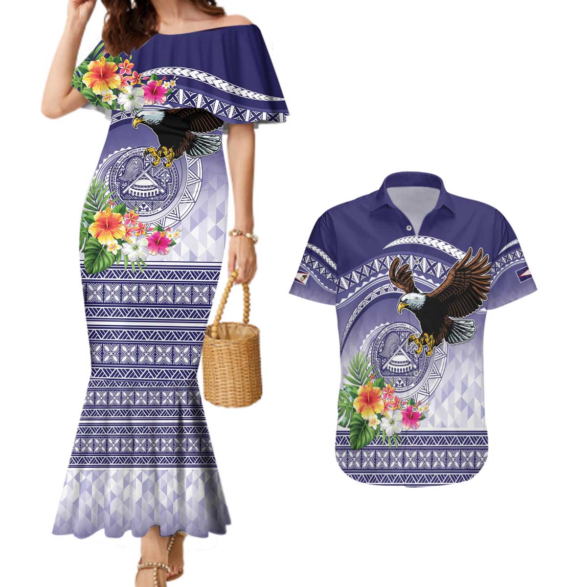 American Samoa Bald Eagle Couples Matching Mermaid Dress and Hawaiian Shirt Polynesian Tropical Flowers LT9 Blue - Polynesian Pride