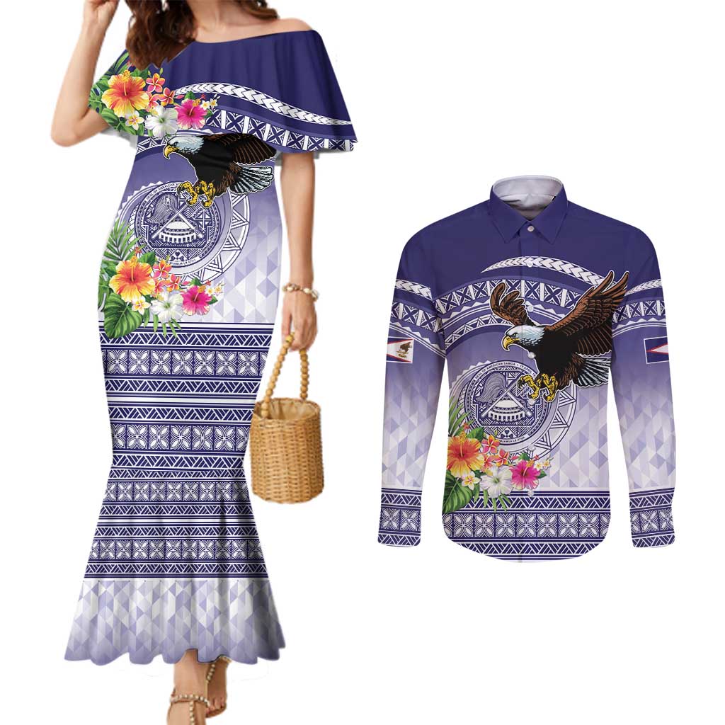 American Samoa Bald Eagle Couples Matching Mermaid Dress and Long Sleeve Button Shirt Polynesian Tropical Flowers LT9 Blue - Polynesian Pride