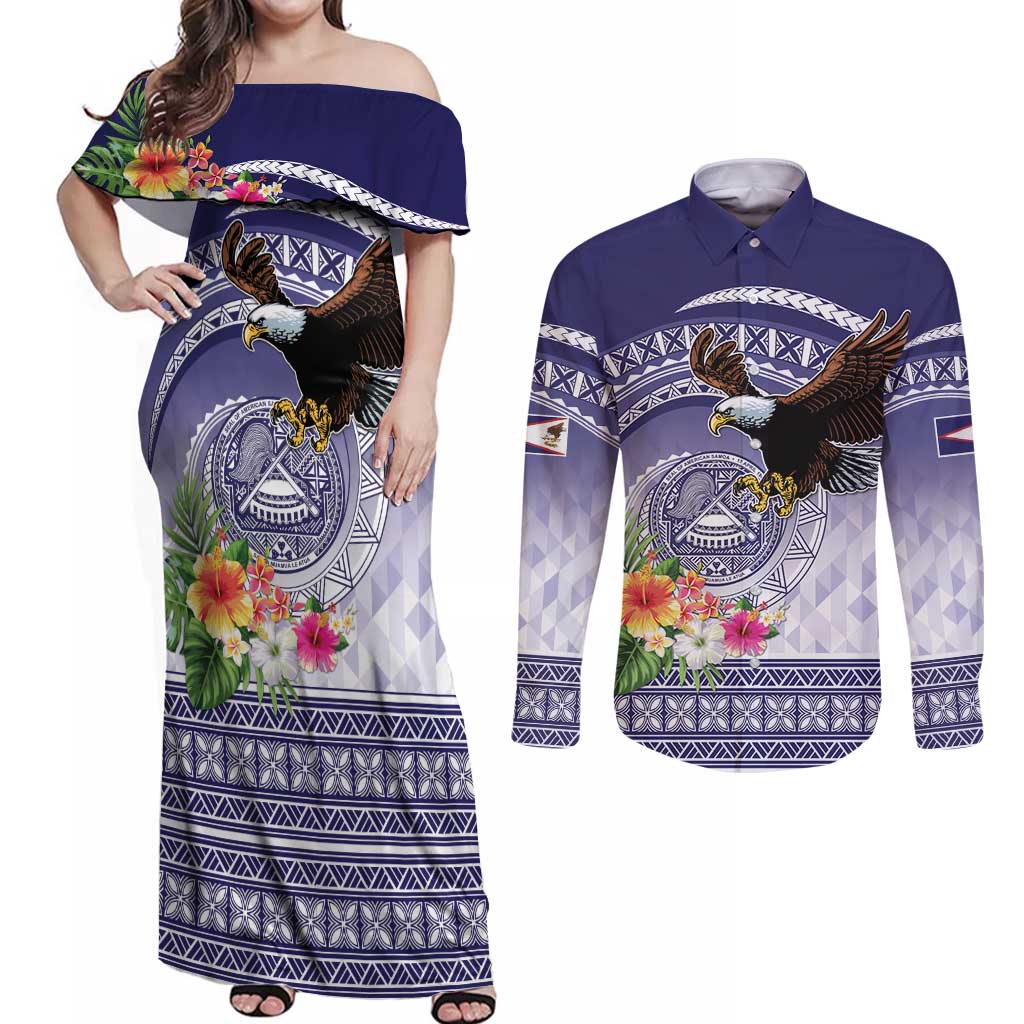 American Samoa Bald Eagle Couples Matching Off Shoulder Maxi Dress and Long Sleeve Button Shirt Polynesian Tropical Flowers LT9 Blue - Polynesian Pride