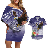American Samoa Bald Eagle Couples Matching Off Shoulder Short Dress and Hawaiian Shirt Polynesian Tropical Flowers LT9 Blue - Polynesian Pride