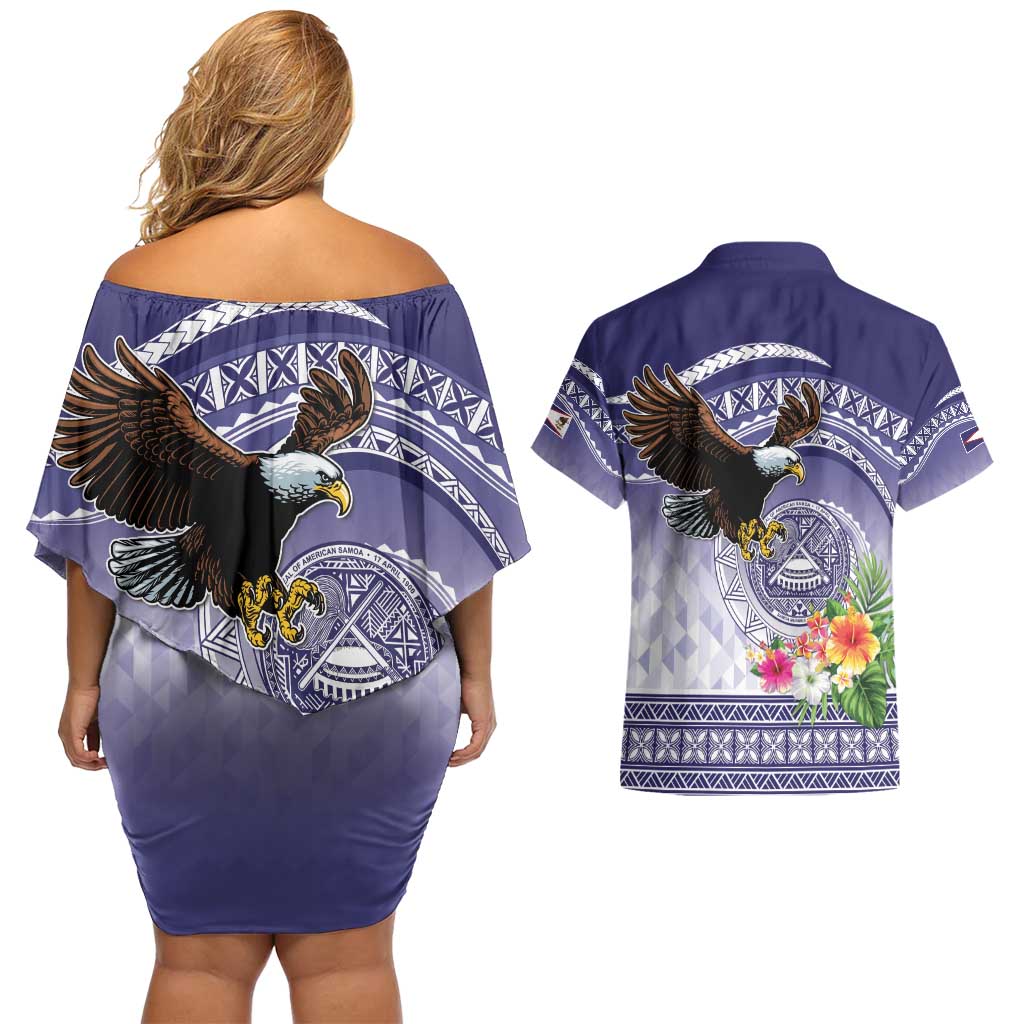 American Samoa Bald Eagle Couples Matching Off Shoulder Short Dress and Hawaiian Shirt Polynesian Tropical Flowers LT9 - Polynesian Pride