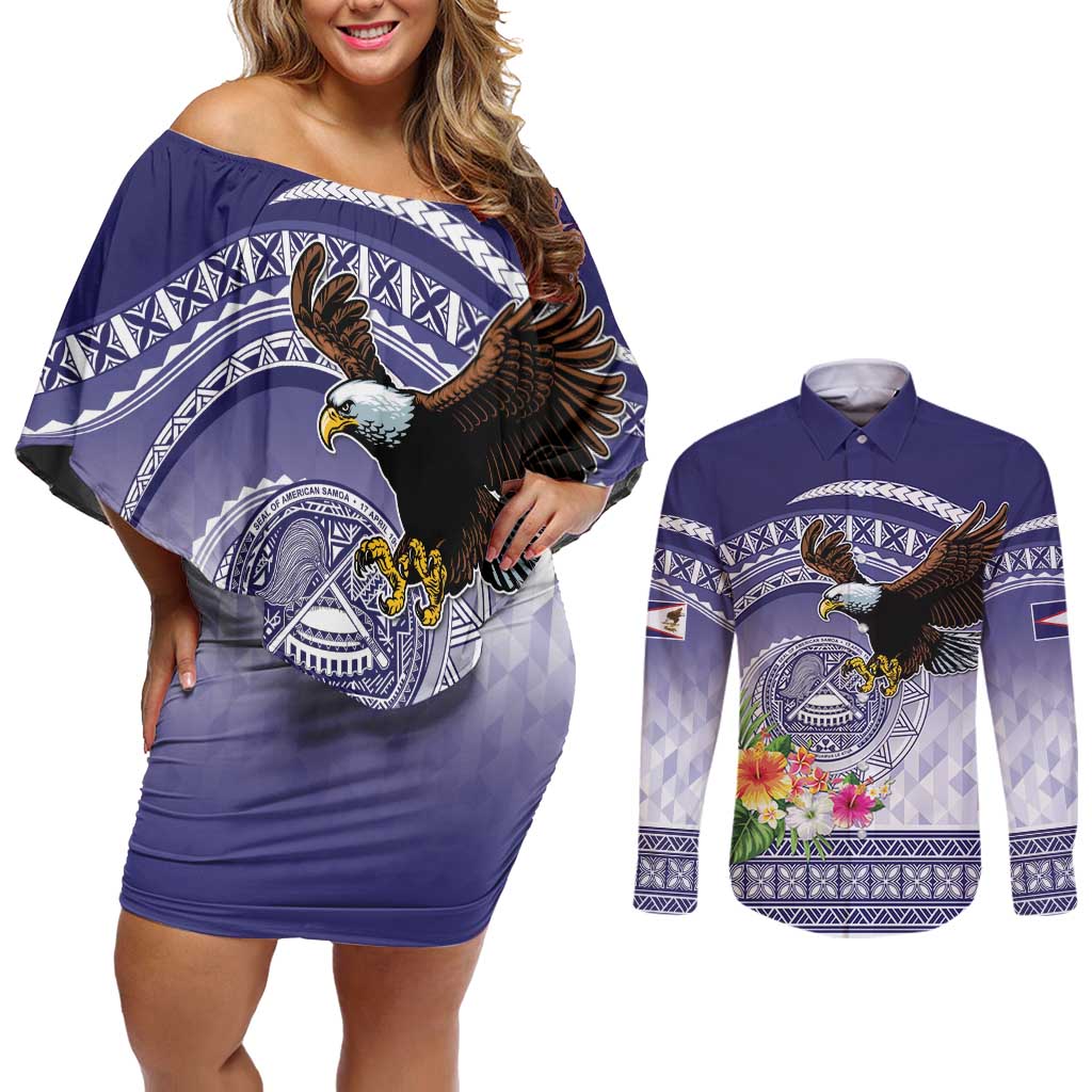 American Samoa Bald Eagle Couples Matching Off Shoulder Short Dress and Long Sleeve Button Shirt Polynesian Tropical Flowers LT9 Blue - Polynesian Pride