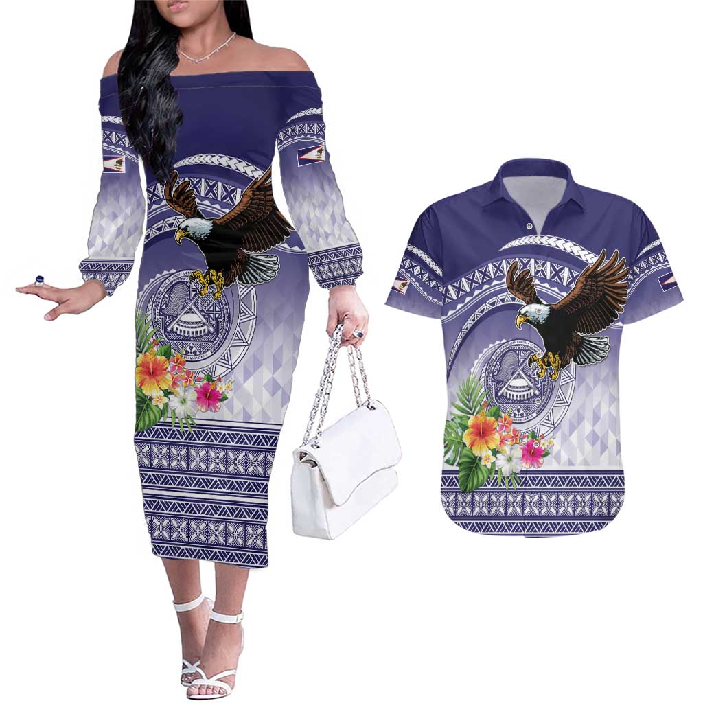 American Samoa Bald Eagle Couples Matching Off The Shoulder Long Sleeve Dress and Hawaiian Shirt Polynesian Tropical Flowers LT9 Blue - Polynesian Pride