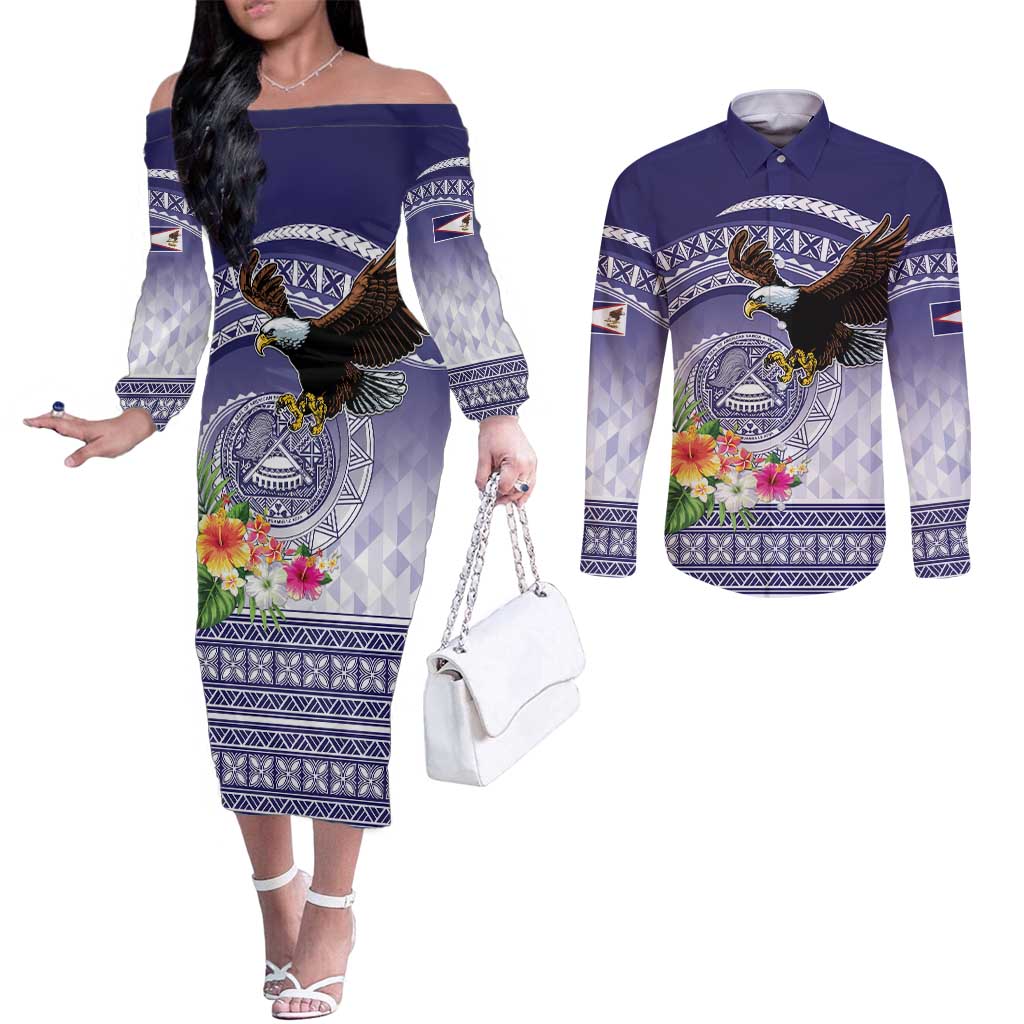 American Samoa Bald Eagle Couples Matching Off The Shoulder Long Sleeve Dress and Long Sleeve Button Shirt Polynesian Tropical Flowers LT9 Blue - Polynesian Pride