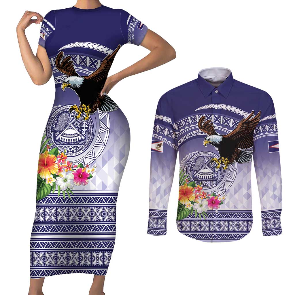 American Samoa Bald Eagle Couples Matching Short Sleeve Bodycon Dress and Long Sleeve Button Shirt Polynesian Tropical Flowers LT9 Blue - Polynesian Pride