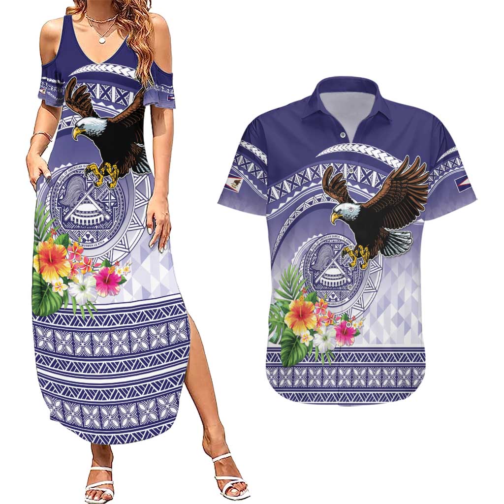 American Samoa Bald Eagle Couples Matching Summer Maxi Dress and Hawaiian Shirt Polynesian Tropical Flowers LT9 Blue - Polynesian Pride