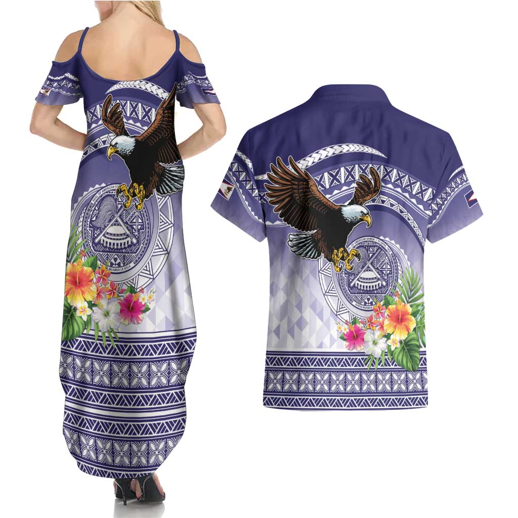 American Samoa Bald Eagle Couples Matching Summer Maxi Dress and Hawaiian Shirt Polynesian Tropical Flowers LT9 - Polynesian Pride