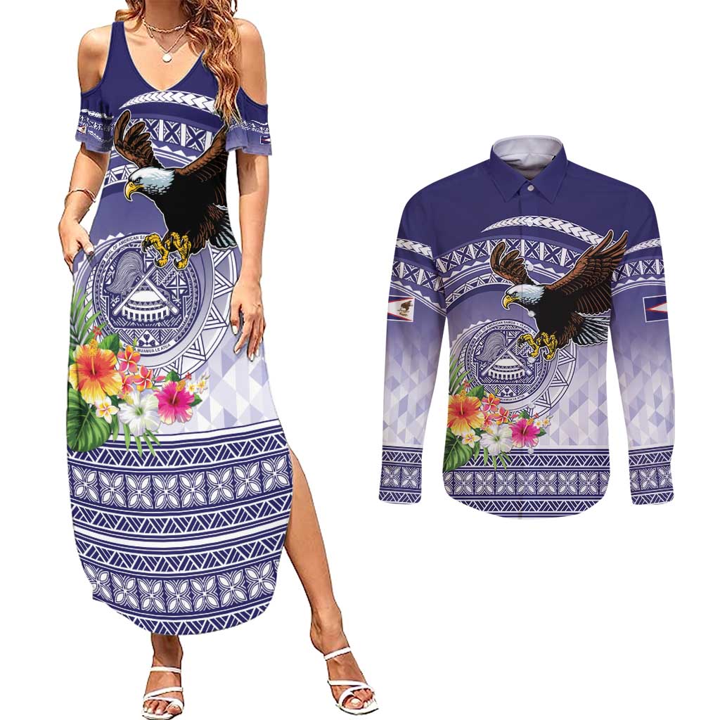 American Samoa Bald Eagle Couples Matching Summer Maxi Dress and Long Sleeve Button Shirt Polynesian Tropical Flowers LT9 Blue - Polynesian Pride