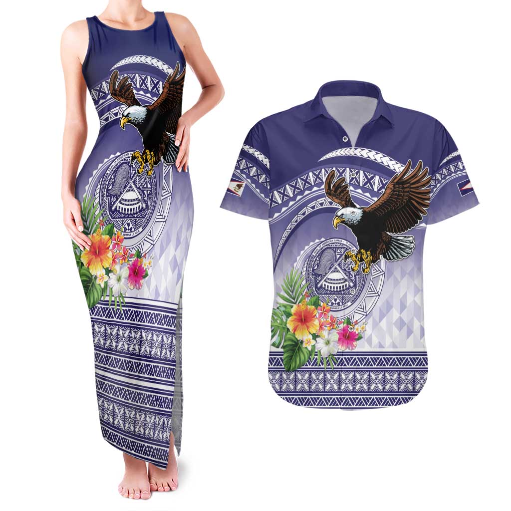 American Samoa Bald Eagle Couples Matching Tank Maxi Dress and Hawaiian Shirt Polynesian Tropical Flowers LT9 Blue - Polynesian Pride