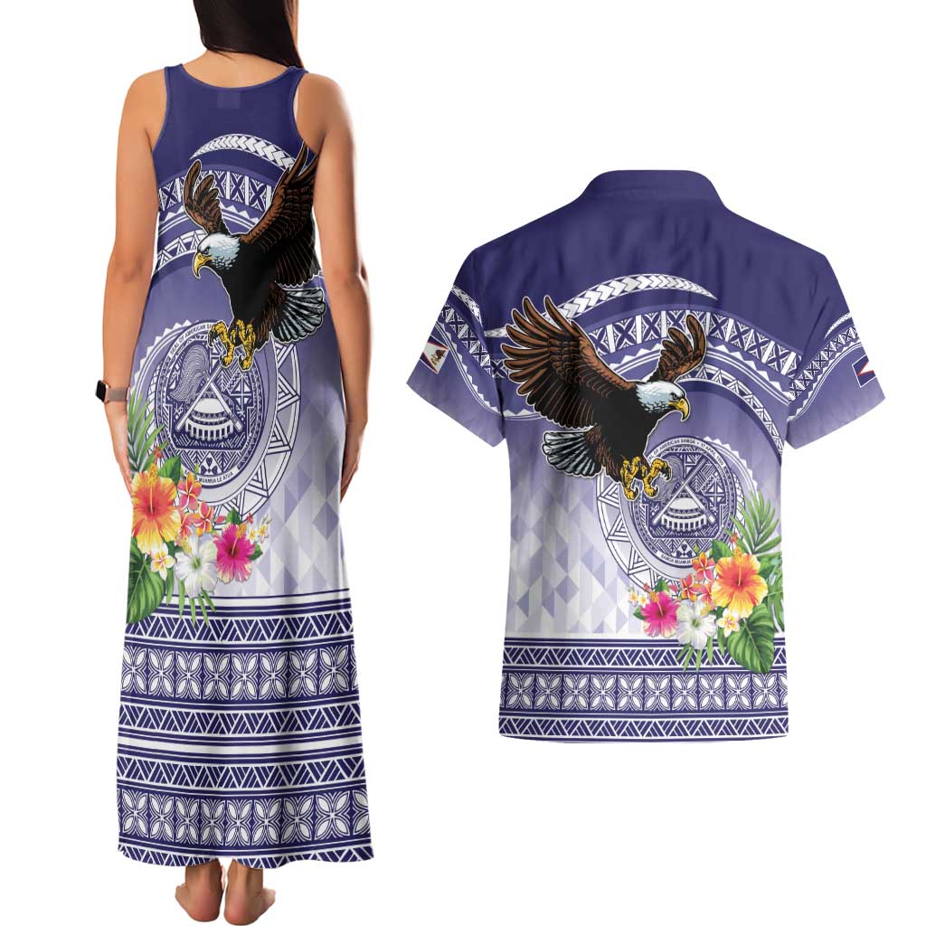 American Samoa Bald Eagle Couples Matching Tank Maxi Dress and Hawaiian Shirt Polynesian Tropical Flowers LT9 - Polynesian Pride