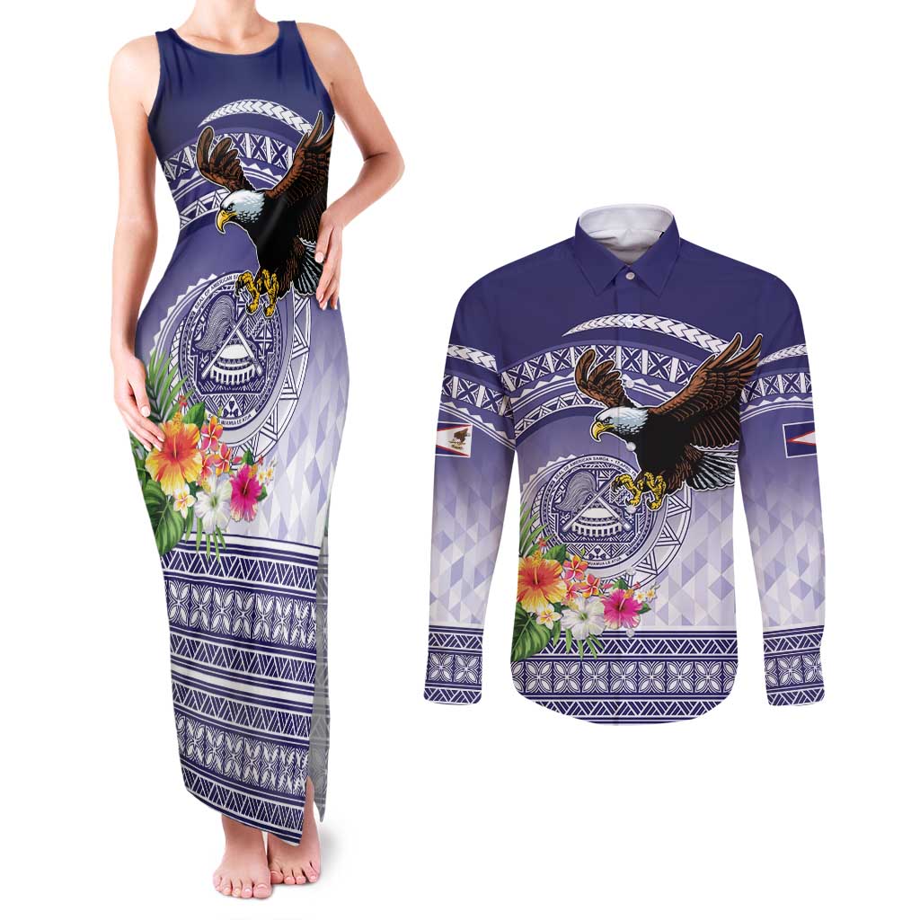 American Samoa Bald Eagle Couples Matching Tank Maxi Dress and Long Sleeve Button Shirt Polynesian Tropical Flowers LT9 Blue - Polynesian Pride