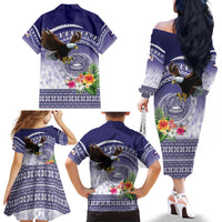 American Samoa Bald Eagle Family Matching Off The Shoulder Long Sleeve Dress and Hawaiian Shirt Polynesian Tropical Flowers