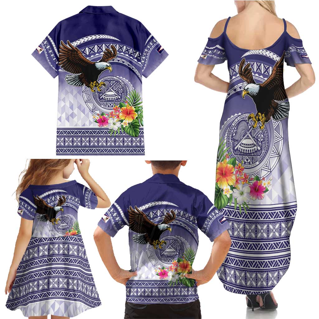 American Samoa Bald Eagle Family Matching Summer Maxi Dress and Hawaiian Shirt Polynesian Tropical Flowers