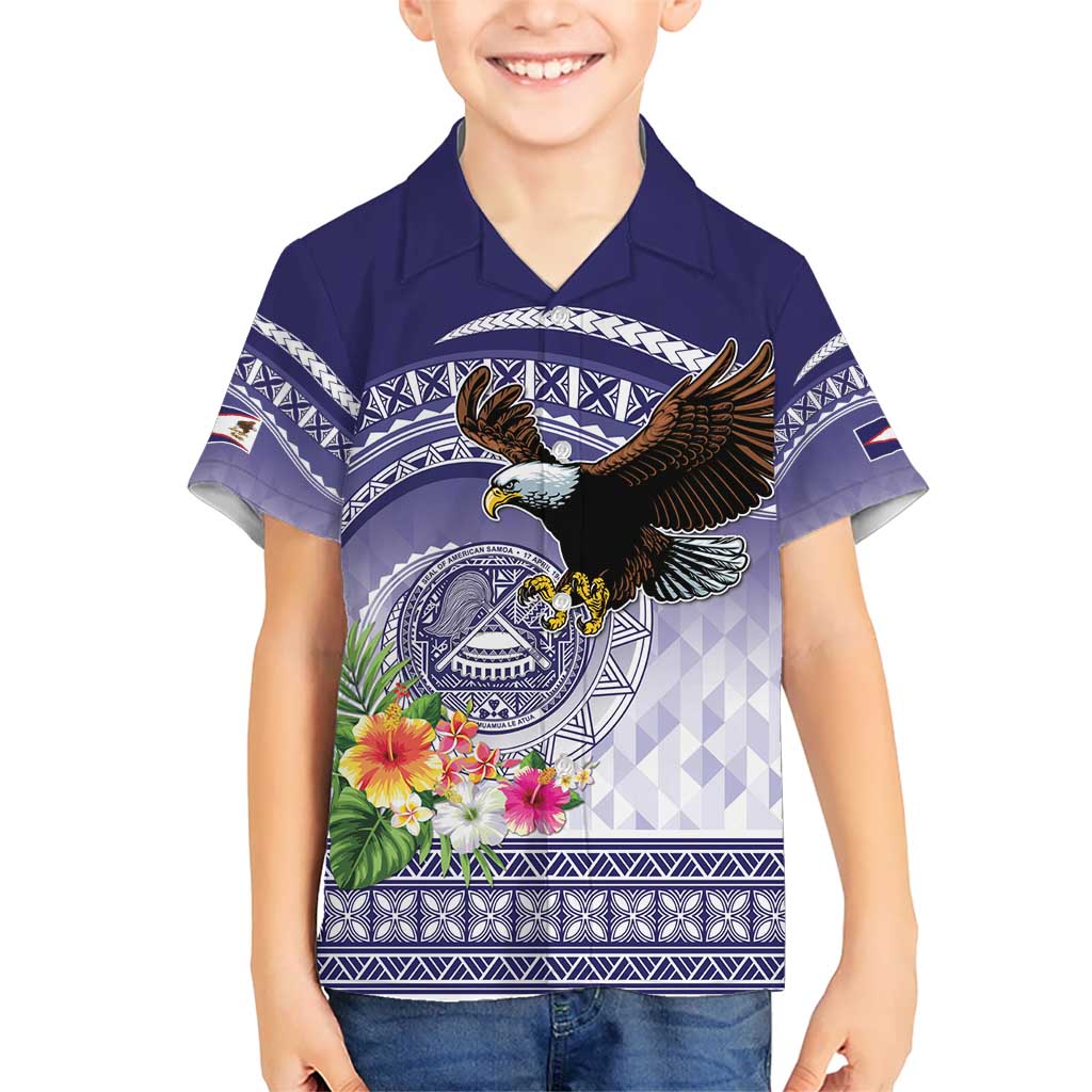 American Samoa Bald Eagle Kid Hawaiian Shirt Polynesian Tropical Flowers LT9 Kid Blue - Polynesian Pride